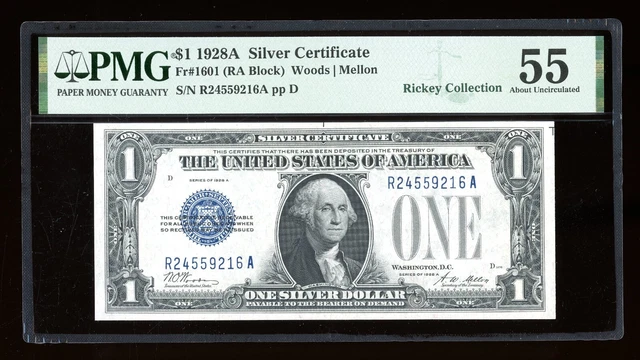 DBR 1928-A $1 Silver Funnyback Fr. 1601 RA Block PMG 55 Serial R24559216A