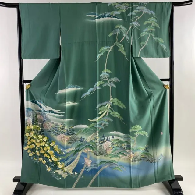 Woman Japanese Kimono Houmoungi Silk Landscape Flowers Light Green
