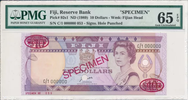 Reserve Bank Fiji  $10 ND(1989) Specimen PMG  65EPQ