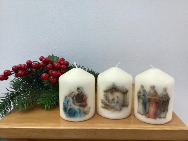 3 x Christmas Religious Jesus birth pillar candle ready wrap and  bow