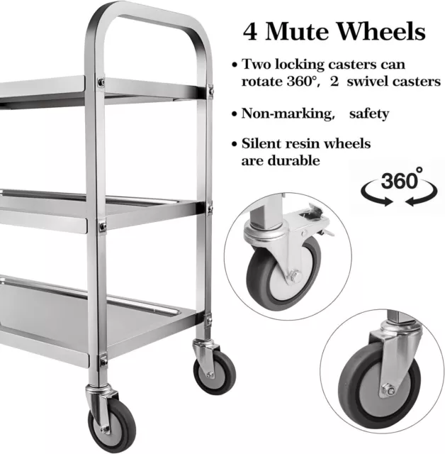 Stainless Steel Cart - 3 Tier, Locking Wheels, 85Lx45Wx90H cm 2