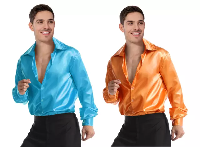 1970s Orange Blue Satin Silk Polo Shirt Disco Mens Costume