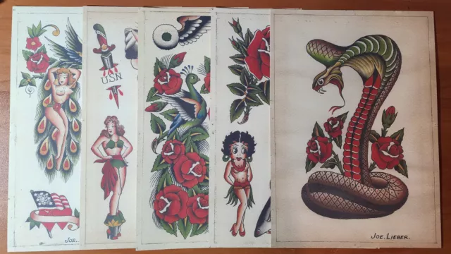 Brooklyn Joe Lieber Tradicional Estilo Vintage Tatuaje Flash Set 5 Hojas 11x15.5