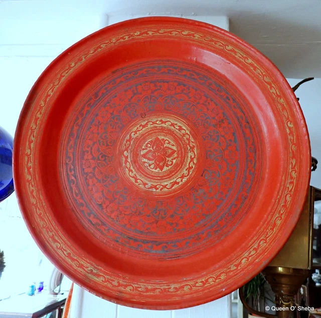 Burmese Lacquer Wall Plate Tray Antique 19th C Engraved Gilded Design-