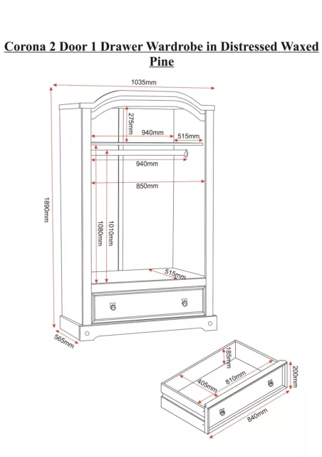 Solid Waxed Pine 2 Door 1 Drawer Wardrobe W104cm x D57cm x H189cm CORONA 3