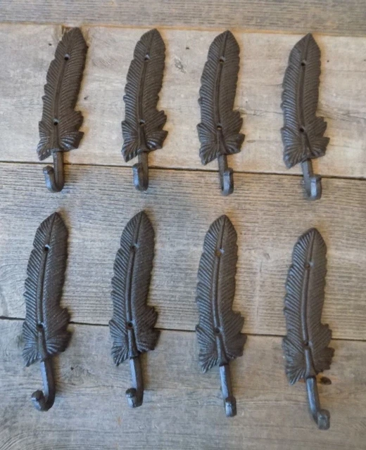 8 Coat Hooks Feather Cast Iron Hat Rack Hall Tree Entry Way Towel Native Eagle
