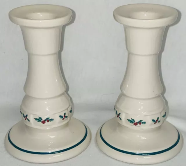 Longaberger Pottery *WOVEN TRADITIONS*HOLLY CHRISTMAS* 5" CANDLESTICKS *PAIR*