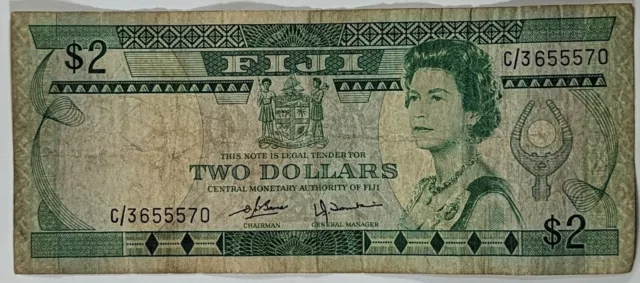1980 $2 FIJI Two Dollar Note P77 - CIRCULATED Barnes & Tomkins VGC Free Post! 3