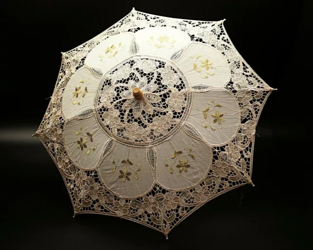 20"  Ivory Gold Wedding Lace Linen Parasol Umbrella Bridal Shower Party Decor