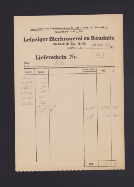 LEIPZIG, Rechnung 1933, Leipziger Bierbrauerei zu Reudnitz Riebeck & Co. AG