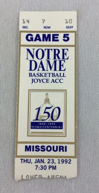 1992 01/23 Missouri at Notre Dame Basketball Ticket Stub - Seat 10