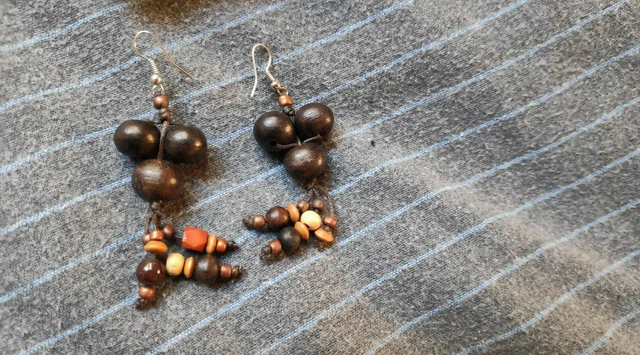 Boucles D'oreilles Créoles En Bois Art Tribal Ethnique - Neuf Avec étiquettes - Unisexe