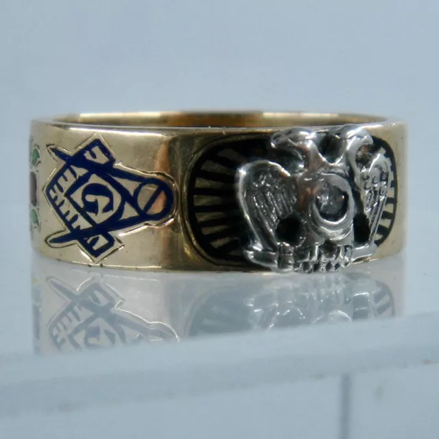 1940s Masonic Scottish Rite 14K Diamond Enamel Ring Sz 8 3/4