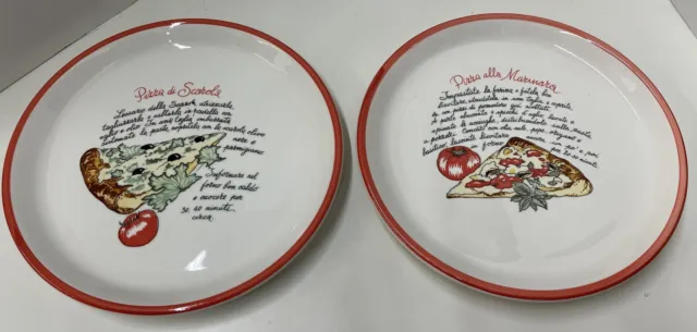 Vintage Set of 2 White Ceramic Red Trim Decorative Pizza Plates Made in Italy