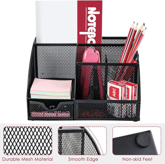 Pen Holder Office Desk Organizer Mesh Desktop Supplies w/ 6 Compartments Holder