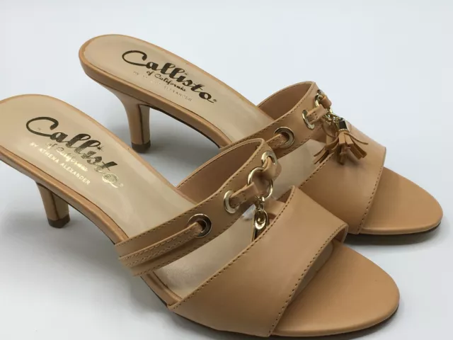 Callisto Of California Light Brown 2.5" Heel Mules Sandals Strappy Shoes Size 8