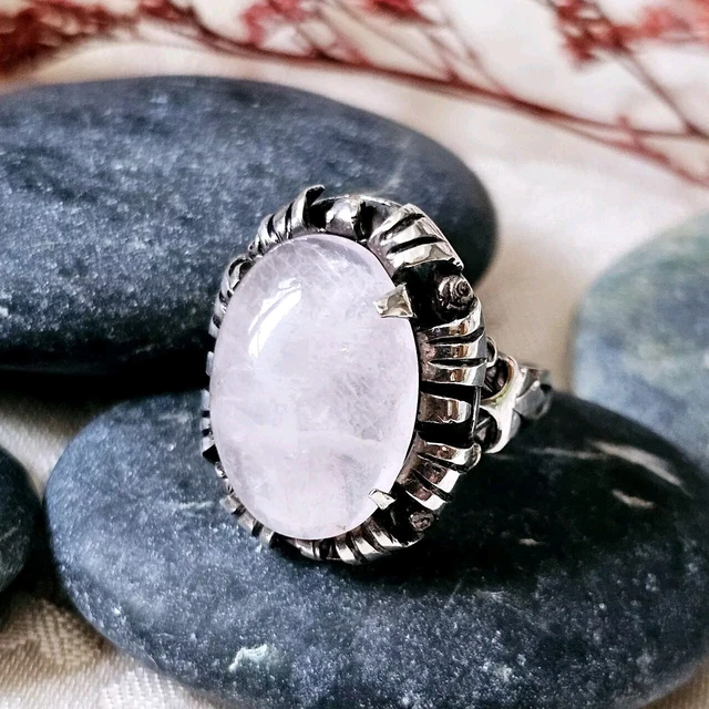 Bague Ancienne Fin XIXe - Quartz Rose Cabochon Sur Argent 935 - Taille 52