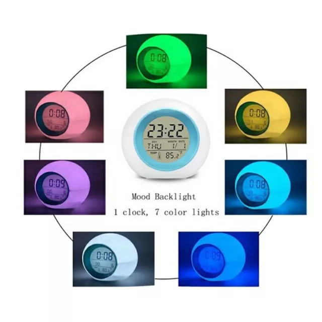 Kids Digital Alarm Clock Gift 7 Colours Changing Night Light LED Glowing Lamp UK