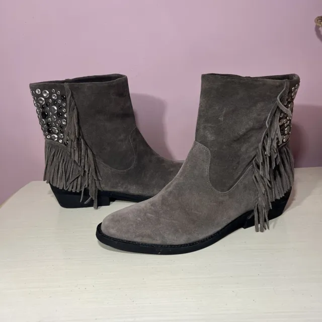 Reba Women’s 10 M Taupe Suede Fringe Studded Embellished Western Cowboy Boots