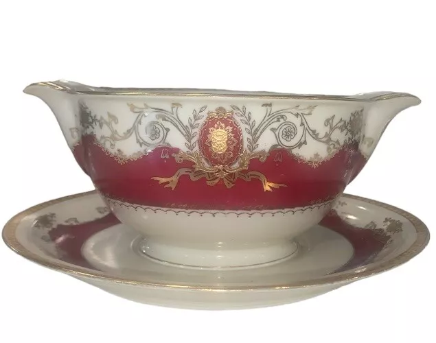 Meito Ivory China Mandarin Gravy Boat & Under plate Maroon Red Gold Gilt VTG