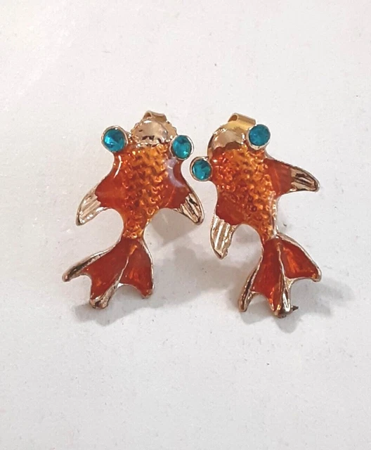 Vintage Cloisonne Enamel Gold Fish Stud Earrings 20mm