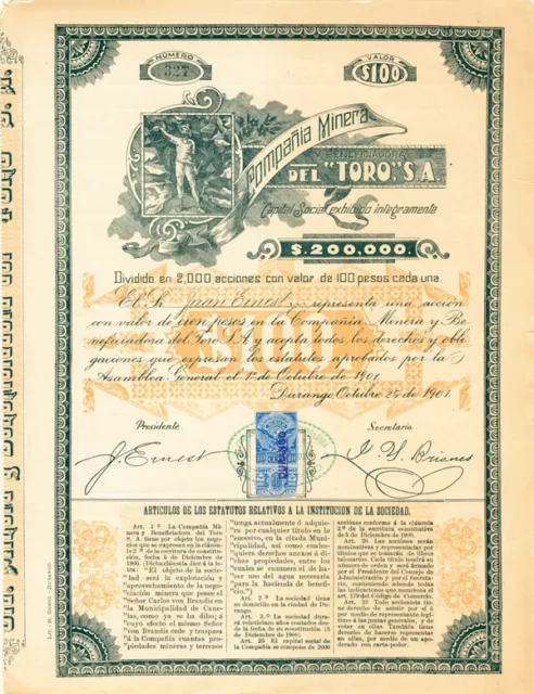 Compania Minera Y Beneficiadora Del Toro S. A. - Stock Certificate - Mexican Sto