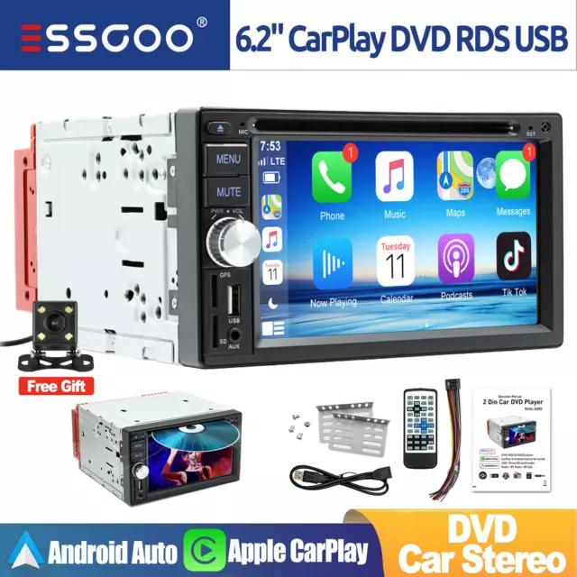 DVD CD Double 2 DIN Car Stereo Carplay/Android Auto 6.2" Player FM AUX USB Radio