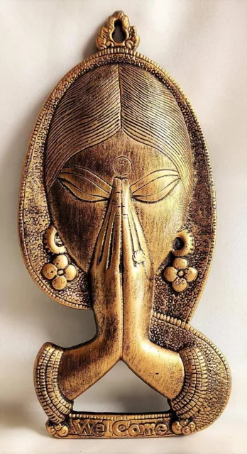 Welcome Lady Metal Wall Hanging Namaste Showpiece Statue For Home Office Decor