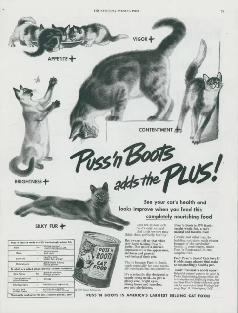 1949 Puss N Boots Cat Food Siamese Butterfly Various Breeds Vtg Print Ad SP17