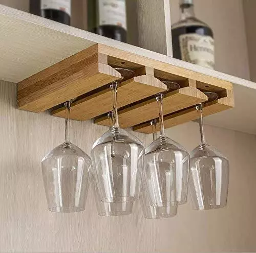 Wooden Wine Glass Holder Under Cabinet Stemware Rack for Home Kitchen Bar