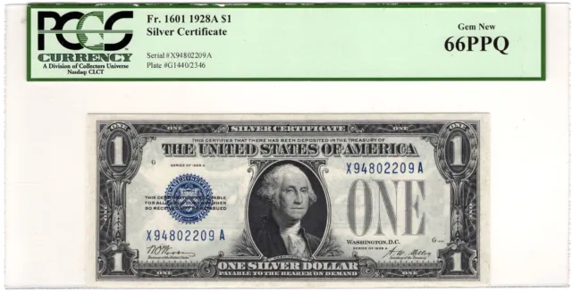 $1 1928-A Silver Certificate Fr#1601 Funnyback PCGS Currency Gem New 66PPQ