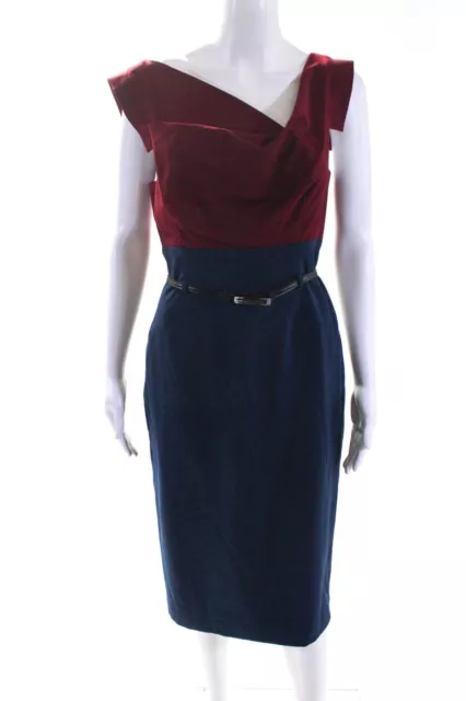 Black Halo Womens Back Zip Sleeveless Belted Sheath Dress Blue Red Size 8