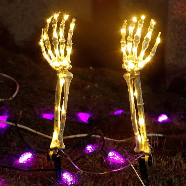 2 Pcs Skeleton Hand Arm Light Outdoor Glowing Skull Hands Halloween Garden Decor