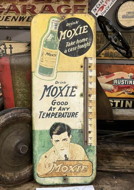 Vintage 1930s 1940s Metal Advertising Thermometer Moxie Soda Authentic Sign