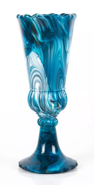 antique Davidson's blue / teal malachite slag glass pressed glass vase