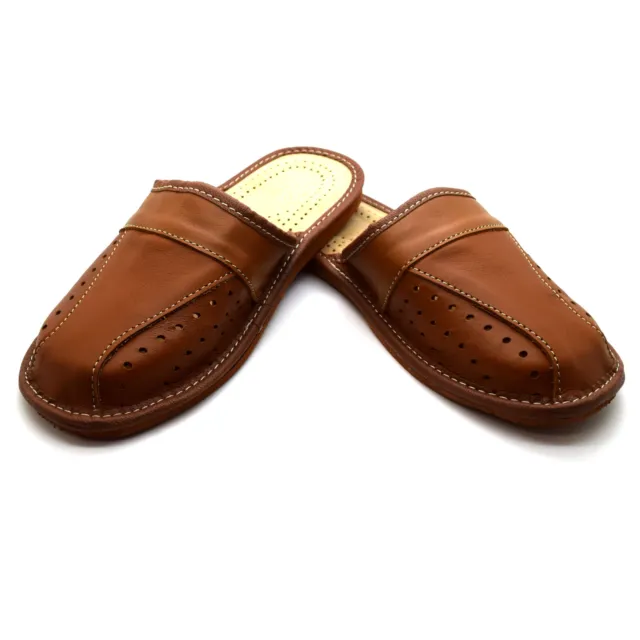 Mens Leather Slippers Shoes Size 6-12 Comfort Sandals Slip On Mules Brown New