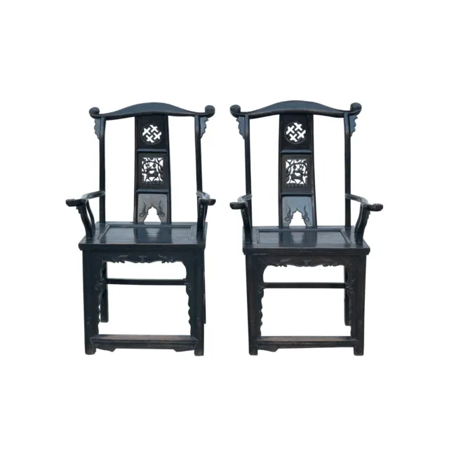 Pair Vintage Chinese Rustic Black Lacquer Deer Motif Yoke-Back Armchairs cs7807
