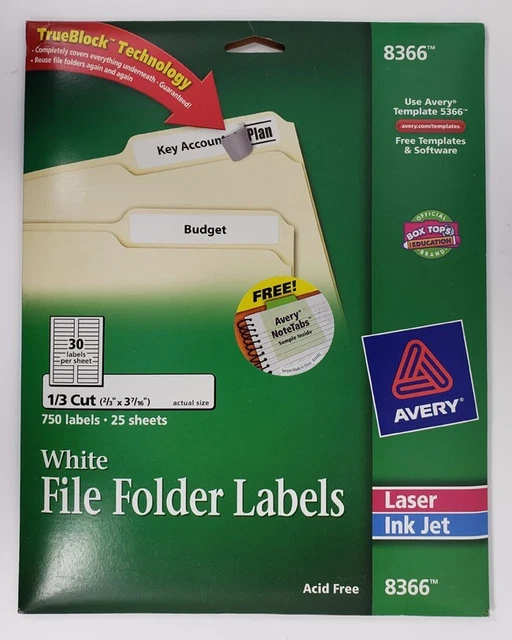 AVERY 8366 WHITE File Folder Labels TrueBlock Inkjet/Laser 750 Labels