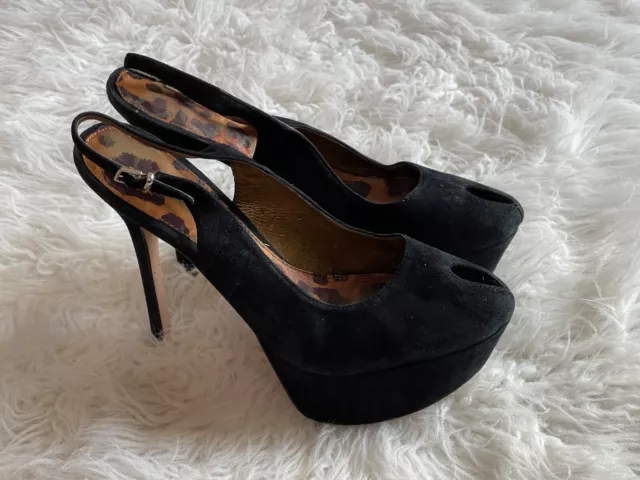 Sam Edelman Women’s Size 7.5 Black Suede Shoes Peep Toe Platform Heels