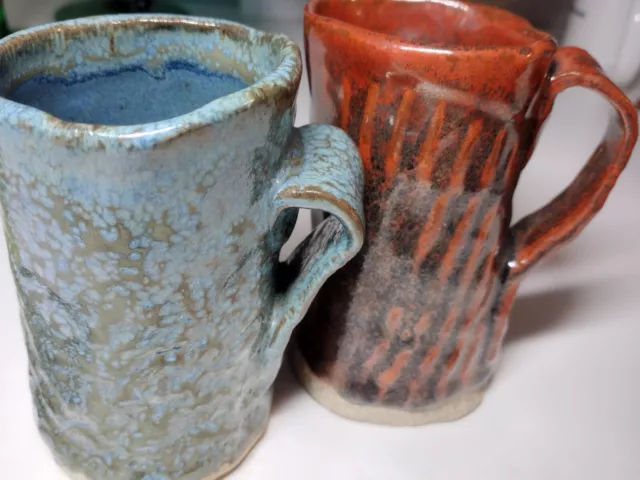 Rustic Handmade Stoneware Art Pottery Mugs Artist Stamped