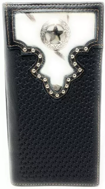 Western Men's Cow Fur Genuine Leather Basketweave Lone Star Bifold Wallet in 2 C