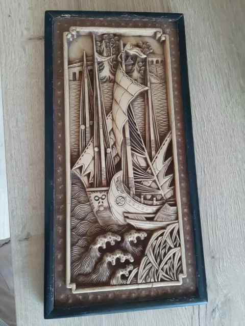 sculpture bas relief profond art d’asie bois sculpté jonque chine china