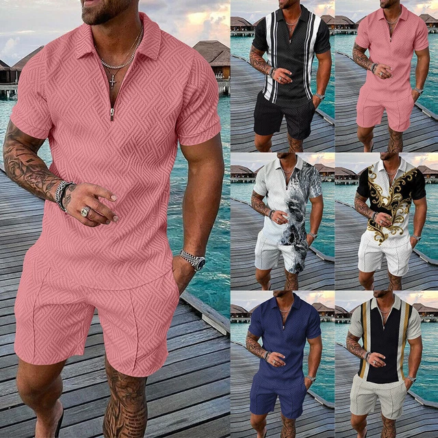 Men's Short Sleeve Casual Holiday T Shirt Clothes Set Zipper Tops Shorts Outfits