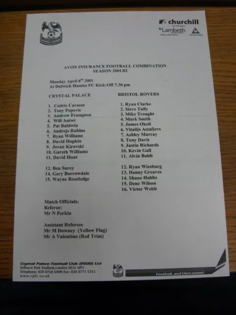 08/04/2001 Crystal Palace Reserves v Bristol Rovers Reserves [At Dulwich Hamlet]