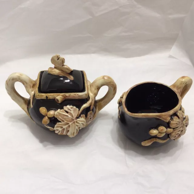 Fitz & Floyd Black Glazed Ceramic Creamer/ Sugar Bowl Applied Beige Grapes Mint 2