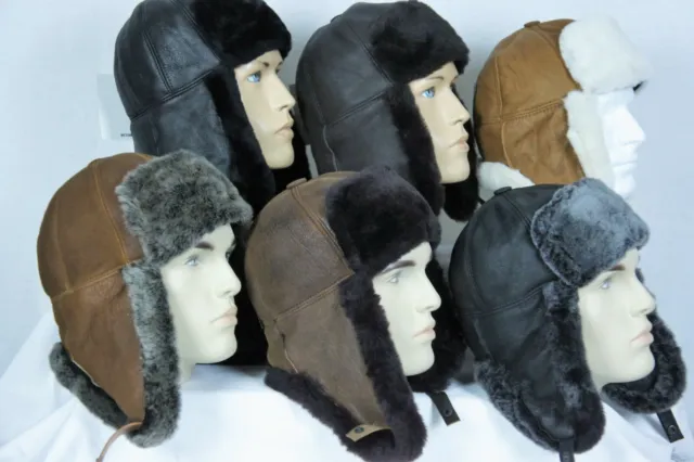 6 Couleurs Peau de Mouton Véritable Cuir Fourrure Chapeau Hiver Chapka Trappeur