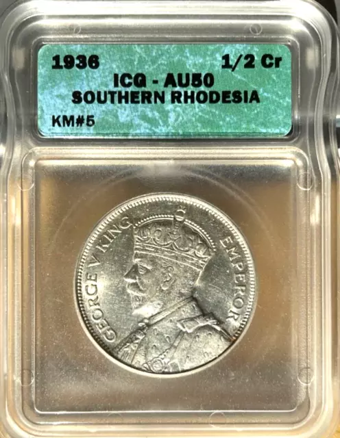 1936 Southern Rhodesia 1/2 Crown, ICG AU 50, Zimbabwe