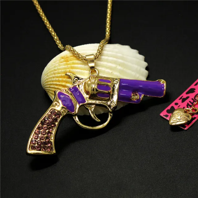 New Purple Enamel Pistol Gun Revolver Crystal Holiday gifts Pendant Necklace