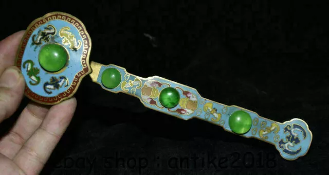 8" Old Chinese Cloisonne Copper inlay Green Jade Gem Dynasty Bat Ruyi Statue