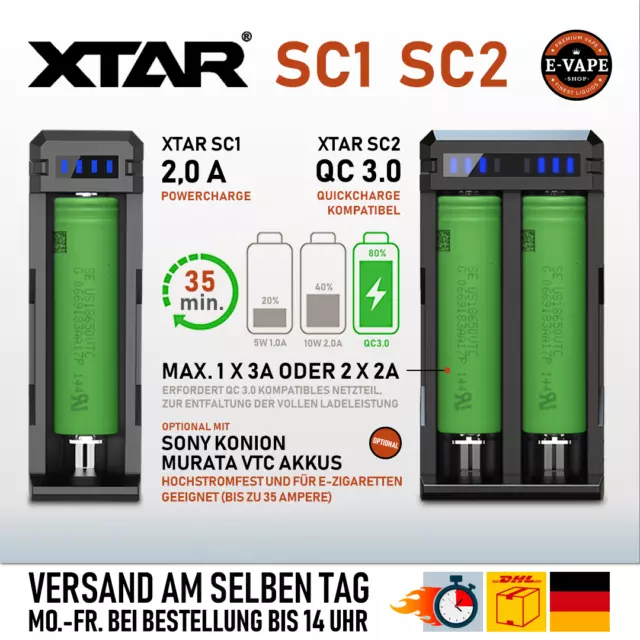 XTAR SC1 SC2 QC3.0 Li-Ion Akku Schnell Ladegerät mit 1 / 2 Schacht 18650 21700